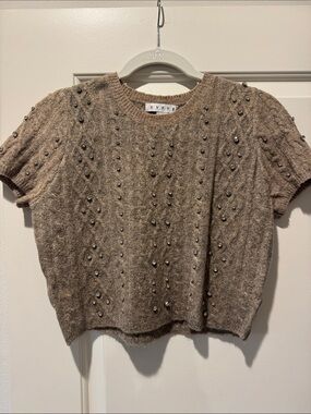 Rhinestone Short-Sleeve Knit Top in Taupe